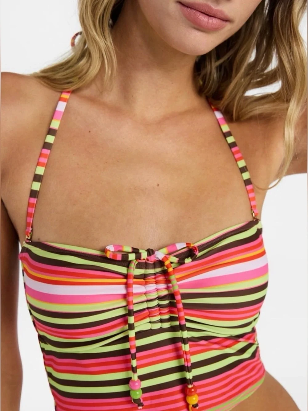 No Boundaries Striped Bandeau Tankini & Side Tie Bikini Set XS Colorful Bead NWT